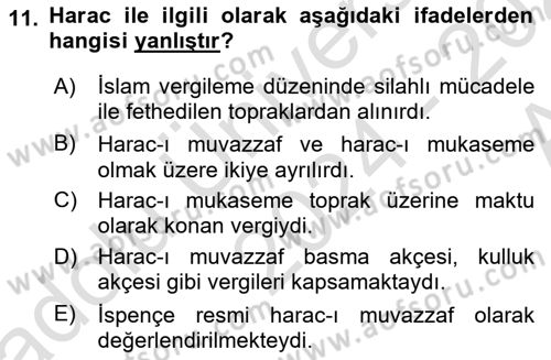 Osmanlı İktisat Tarihi Dersi 2024 - 2025 Yılı (Vize) Ara Sınav Soruları 11. Soru