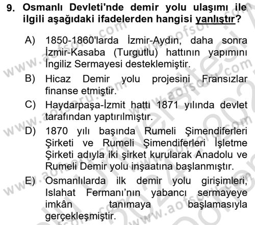 Osmanlı İktisat Tarihi Dersi 2024 - 2025 Yılı (Final) Dönem Sonu Sınav Soruları 9. Soru