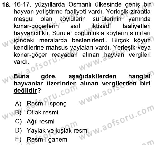 Osmanlı İktisat Tarihi Dersi 2025 - 2026 Yılı (Vize) Ara Sınav Soruları 16. Soru