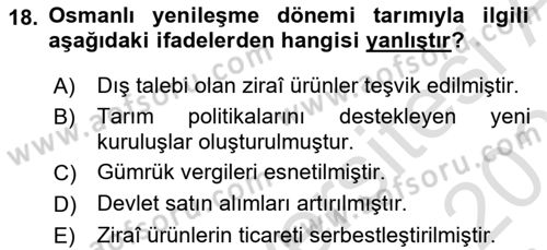 Osmanlı İktisat Tarihi Dersi 2025 - 2026 Yılı (Vize) Ara Sınav Soruları 18. Soru