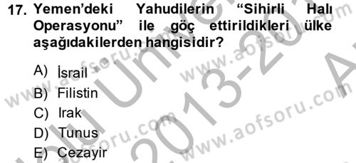 Modern Ortadoğu Tarihi Dersi 2013 - 2014 Yılı (Vize) Ara Sınav Soruları 17. Soru