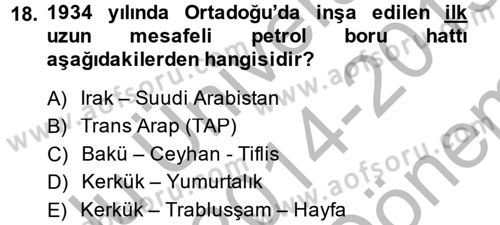 Modern Ortadoğu Tarihi Dersi 2014 - 2015 Yılı (Final) Dönem Sonu Sınavı 18. Soru