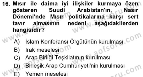 Modern Ortadoğu Tarihi Dersi 2016 - 2017 Yılı (Vize) Ara Sınav Soruları 16. Soru