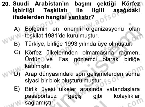 Modern Ortadoğu Tarihi Dersi 2016 - 2017 Yılı (Vize) Ara Sınav Soruları 20. Soru