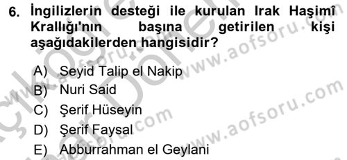 Modern Ortadoğu Tarihi Dersi 2016 - 2017 Yılı (Vize) Ara Sınav Soruları 6. Soru
