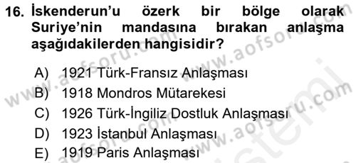 Modern Ortadoğu Tarihi Dersi 2017 - 2018 Yılı (Vize) Ara Sınav Soruları 16. Soru