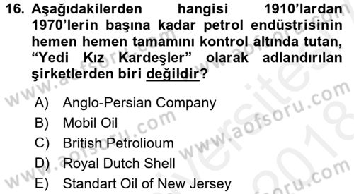 Modern Ortadoğu Tarihi Dersi 2017 - 2018 Yılı (Final) Dönem Sonu Sınav Soruları 16. Soru