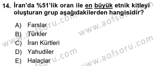 Modern Ortadoğu Tarihi Dersi 2018 - 2019 Yılı 3 Ders Sınavı 14. Soru