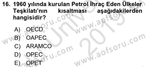 Modern Ortadoğu Tarihi Dersi 2018 - 2019 Yılı 3 Ders Sınavı 16. Soru