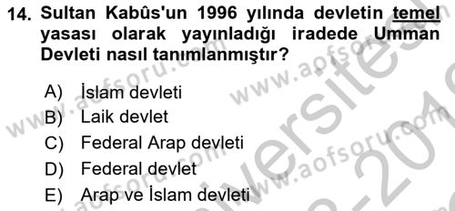 Modern Ortadoğu Tarihi Dersi 2018 - 2019 Yılı Yaz Okulu Sınav Soruları 14. Soru