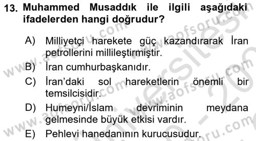 Modern Ortadoğu Tarihi Dersi 2020 - 2021 Yılı Yaz Okulu Sınav Soruları 13. Soru