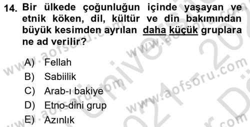 Modern Ortadoğu Tarihi Dersi 2021 - 2022 Yılı (Vize) Ara Sınav Soruları 14. Soru