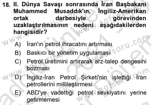 Modern Ortadoğu Tarihi Dersi 2021 - 2022 Yılı (Final) Dönem Sonu Sınav Soruları 18. Soru
