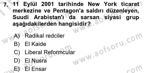 Modern Ortadoğu Tarihi Dersi 2023 - 2024 Yılı (Vize) Ara Sınav Soruları 7. Soru