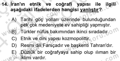 Modern Ortadoğu Tarihi Dersi 2023 - 2024 Yılı (Final) Dönem Sonu Sınav Soruları 14. Soru