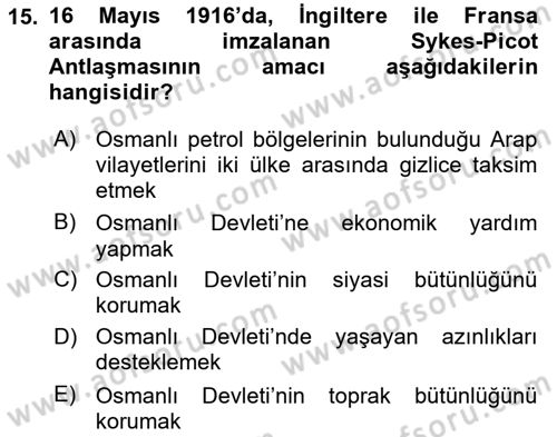 Modern Ortadoğu Tarihi Dersi 2023 - 2024 Yılı (Final) Dönem Sonu Sınav Soruları 15. Soru
