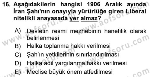 Modern Ortadoğu Tarihi Dersi 2023 - 2024 Yılı (Final) Dönem Sonu Sınav Soruları 16. Soru
