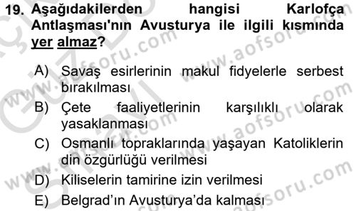 Osmanlı Diplomasisi Dersi Ara Sınavı Deneme Sınav Soruları 19. Soru