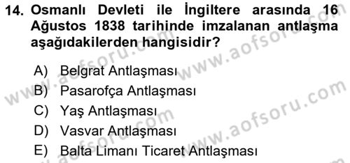 Osmanlı Diplomasisi Dersi 2017 - 2018 Yılı 3 Ders Sınav Soruları 14. Soru