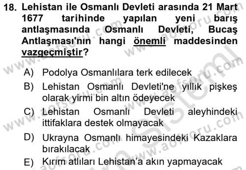 Osmanlı Diplomasisi Dersi Ara Sınavı Deneme Sınav Soruları 18. Soru