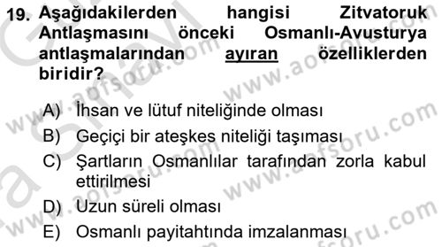 Osmanlı Diplomasisi Dersi Ara Sınavı Deneme Sınav Soruları 19. Soru