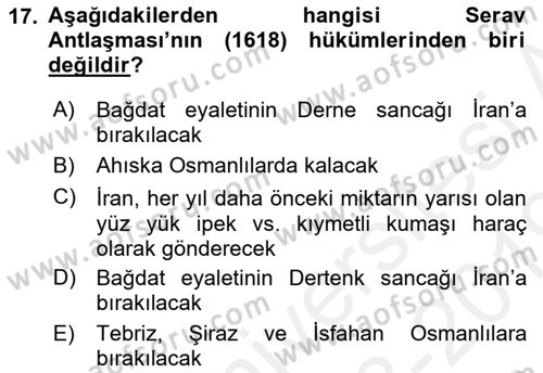 Osmanlı Diplomasisi Dersi Ara Sınavı Deneme Sınav Soruları 17. Soru