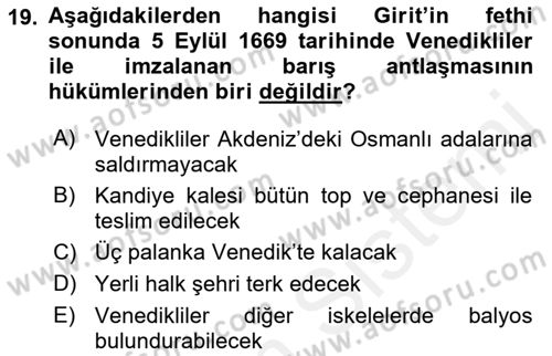 Osmanlı Diplomasisi Dersi Ara Sınavı Deneme Sınav Soruları 19. Soru