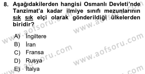 Osmanlı Diplomasisi Dersi Ara Sınavı Deneme Sınav Soruları 8. Soru