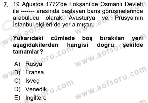 Osmanlı Diplomasisi Dersi 2018 - 2019 Yılı (Final) Dönem Sonu Sınav Soruları 7. Soru