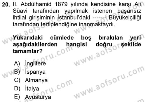 Osmanlı Diplomasisi Dersi 2018 - 2019 Yılı Yaz Okulu Sınav Soruları 20. Soru