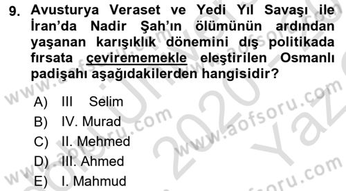 Osmanlı Diplomasisi Dersi 2020 - 2021 Yılı Yaz Okulu Sınav Soruları 9. Soru