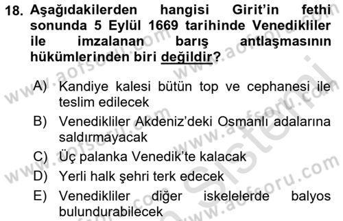 Osmanlı Diplomasisi Dersi Ara Sınavı Deneme Sınav Soruları 18. Soru