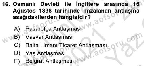 Osmanlı Diplomasisi Dersi 2021 - 2022 Yılı Yaz Okulu Sınav Soruları 16. Soru