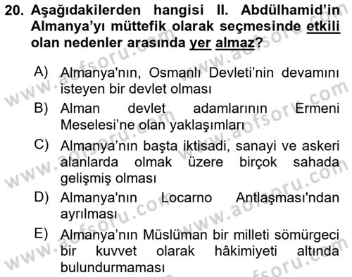 Osmanlı Diplomasisi Dersi 2021 - 2022 Yılı Yaz Okulu Sınav Soruları 20. Soru