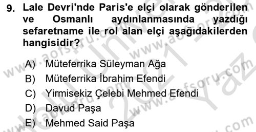 Osmanlı Diplomasisi Dersi 2021 - 2022 Yılı Yaz Okulu Sınav Soruları 9. Soru