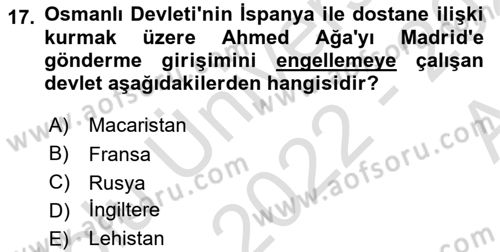 Osmanlı Diplomasisi Dersi Ara Sınavı Deneme Sınav Soruları 17. Soru