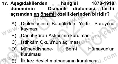 Osmanlı Diplomasisi Dersi 2022 - 2023 Yılı (Final) Dönem Sonu Sınav Soruları 17. Soru