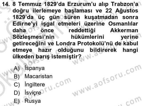 Osmanlı Diplomasisi Dersi 2022 - 2023 Yılı Yaz Okulu Sınav Soruları 14. Soru