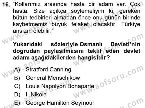 Osmanlı Diplomasisi Dersi 2022 - 2023 Yılı Yaz Okulu Sınav Soruları 16. Soru