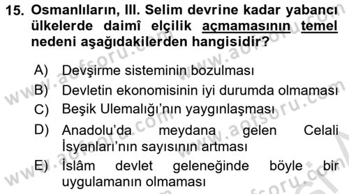Osmanlı Diplomasisi Dersi 2023 - 2024 Yılı (Vize) Ara Sınav Soruları 15. Soru