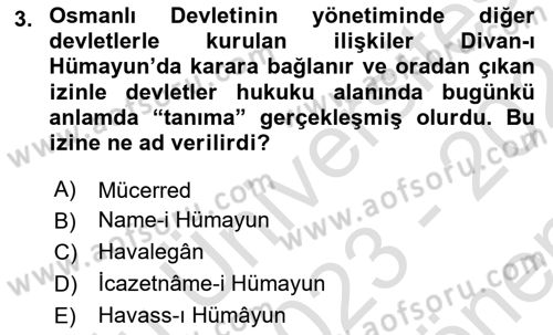 Osmanlı Diplomasisi Dersi 2023 - 2024 Yılı (Final) Dönem Sonu Sınav Soruları 3. Soru