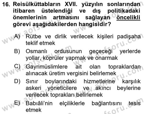 Osmanlı Diplomasisi Dersi Ara Sınavı Deneme Sınav Soruları 16. Soru