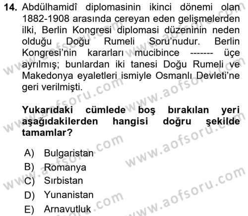 Osmanlı Diplomasisi Dersi 2024 - 2025 Yılı (Final) Dönem Sonu Sınav Soruları 14. Soru