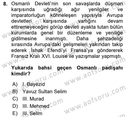 Osmanlı Diplomasisi Dersi 2024 - 2025 Yılı (Final) Dönem Sonu Sınav Soruları 8. Soru