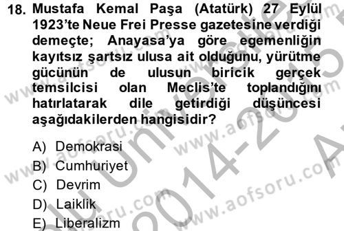 Türkiye´de Demokrasi Ve Parlamento Tarihi Dersi 2014 - 2015 Yılı (Vize) Ara Sınav Soruları 18. Soru
