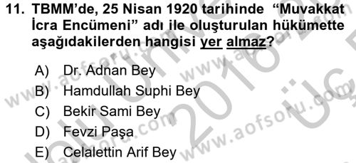 Türkiye´de Demokrasi Ve Parlamento Tarihi Dersi 2016 - 2017 Yılı 3 Ders Sınav Soruları 11. Soru