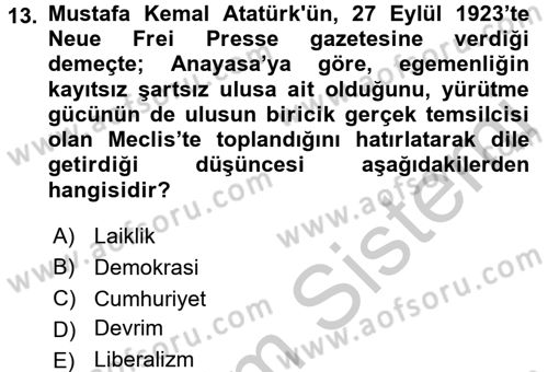Türkiye´de Demokrasi Ve Parlamento Tarihi Dersi 2016 - 2017 Yılı 3 Ders Sınav Soruları 13. Soru