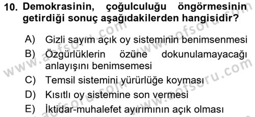 Türkiye´de Demokrasi Ve Parlamento Tarihi Dersi 2016 - 2017 Yılı (Vize) Ara Sınav Soruları 10. Soru