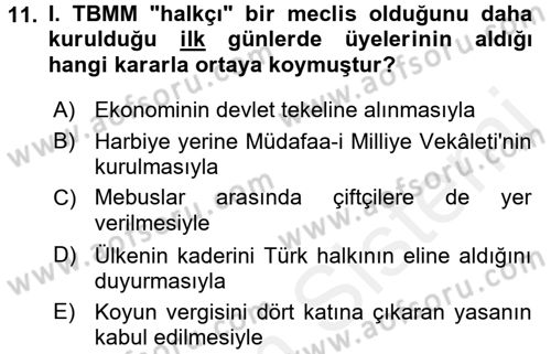 Türkiye´de Demokrasi Ve Parlamento Tarihi Dersi Ara Sınavı Deneme Sınav Soruları 11. Soru