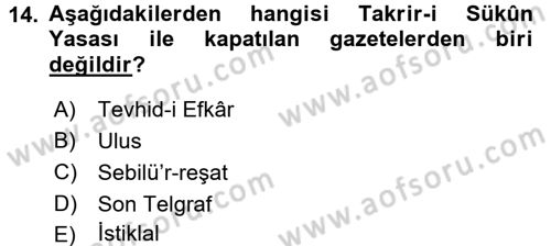Türkiye´de Demokrasi Ve Parlamento Tarihi Dersi Ara Sınavı Deneme Sınav Soruları 14. Soru